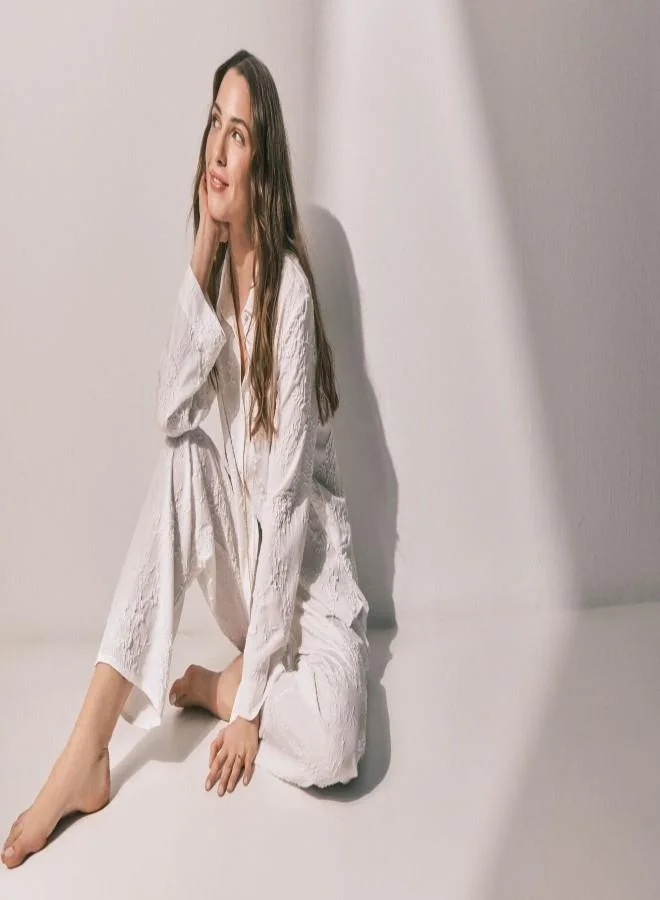 women'secret  Long satin jacquard shirt pyjamas in White for Women | Best Price UAE